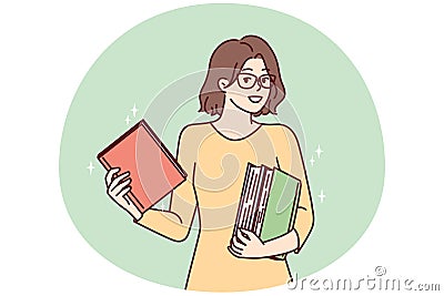 Smart young woman stands holds several books in hands choosing literature for reading. Vector image Vector Illustration