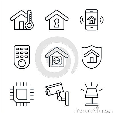 smarthome line icons. linear set. quality vector line set such as bedroom lamp, cctv, chip, shield, electric socket, remote, Vector Illustration