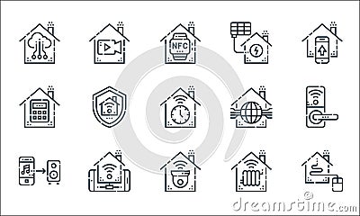 Smarthome line icons. linear set. quality vector line set such as home control, surveillance, music control, heating, remote Vector Illustration