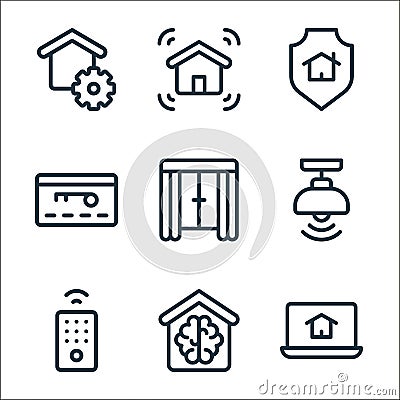 smarthome line icons. linear set. quality vector line set such as laptop, smarthome, remote control, lamp, curtains, smart key, Vector Illustration