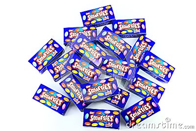 SMARTIES, Coloured Chocolate Confectionery produced by NestlÃ© Editorial Stock Photo