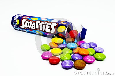 SMARTIES, Coloured Chocolate Confectionery produced by NestlÃ© Editorial Stock Photo