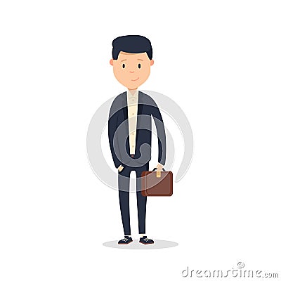 Smartly dressed businessman, smiling. A handsome young businessman holding his briefcase while standing. Vector Illustration