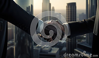 Smartly dressed men exchange a handshake in front of an impressive building, business meeting image Stock Photo