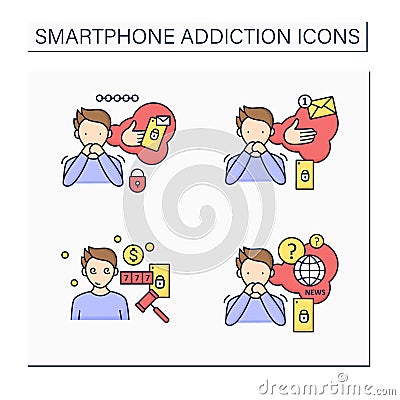 Smartphone addiction color icons set Vector Illustration