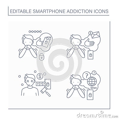 Smartphone addiction line icons set Cartoon Illustration