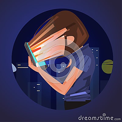 Smartphone addictionface of women absorbing into smartphone- vector Cartoon Illustration