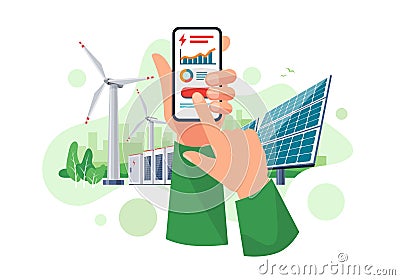 Smartphone App Electricity Energy Usage with Renewable Solar and Wind Generations Vector Illustration