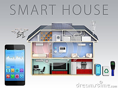 Smartphone app and energy efficient house for smart house concept Stock Photo