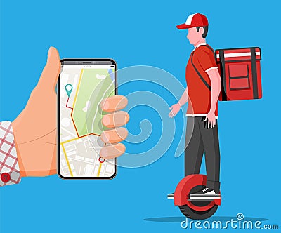 Smartphone with app and man riding monowheel Vector Illustration