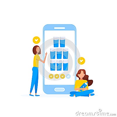 Smartphone with application for drinking water. Human balance of water. Healthy lifestyle concept. Vector Illustration