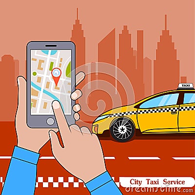 The smartphone with the application of services of a city taxi on ekrane. Vector Illustration