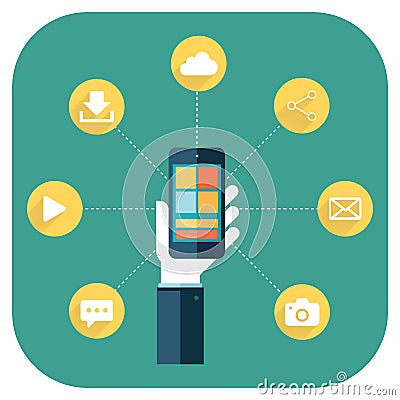 Smartphone apps infographics with a hand holding a phone. Vector Illustration