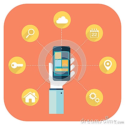 Smartphone apps infographics with a hand holding a phone. Vector Illustration