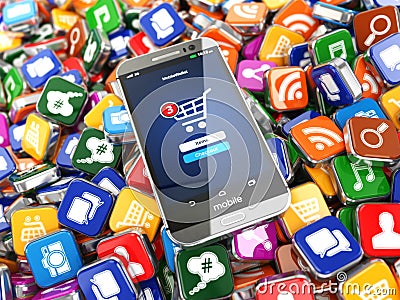 Smartphone apps. Mobile phone on the application software icons Stock Photo