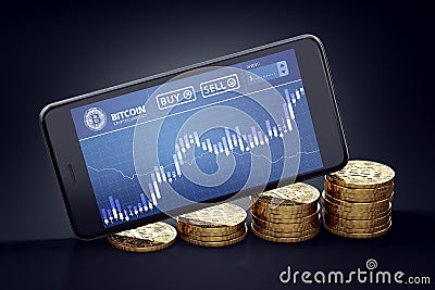 Smartphone with Bitcoin chart on-screen laying on growing piles of golden Bitcoins. Stock Photo