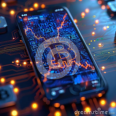 Smartphone with Bitcoin chart on screen software engineer coding data and cryptocurrency and finance Stock Photo