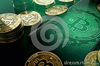 Smartphone with Bitcoin symbol on-screen among piles of golden Bitcoins. Bitcoin concept. 3D rendering Stock Photo