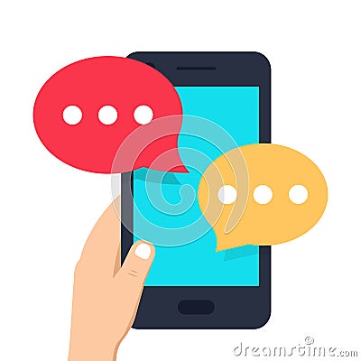 Smartphone black, chatting sms app template bubbles. Human hand holding mobile phone with notification on screen. Vector Illustration