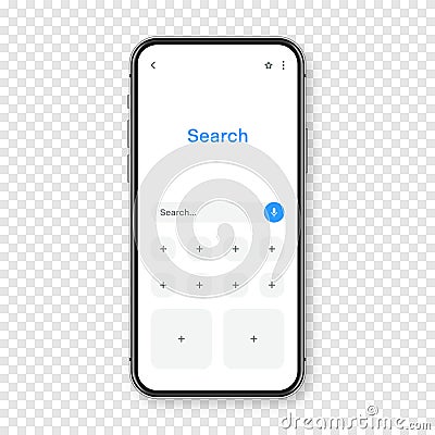 Smartphone with blank internet browser window and search bar. Web site engine with search box, address bar and text Vector Illustration