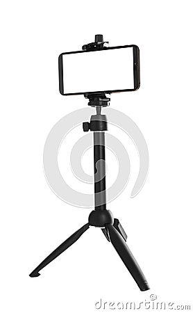 Smartphone with blank screen fixed to tripod on white background, mockup for design Stock Photo