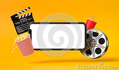 Smartphone blank screen with popcorn, film strip, clapperboard and drink on yellow background Cartoon Illustration