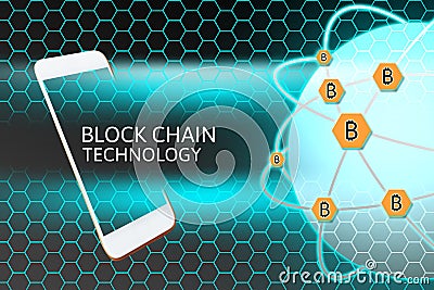 Smartphone with Blockchain concept. Bitcoin networking protection and honeycomb Stock Photo