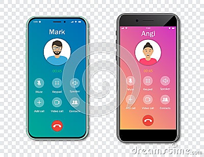 Smartphone call app interface template on a transparent background. Incoming call concept. Vector illustration Vector Illustration