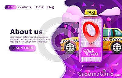 Smartphone call taxi banner concept, place for text, online application, taxi service. Vector Vector Illustration