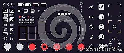 Smartphone camera icons. Mobile phone viewfinder interface elements, flash, quality, rec time, and battery ui icons Vector Illustration