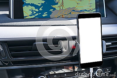 Smartphone in a car use for Navigate or GPS. Driving a car withSmartphone in a car use for Navigate or GPS. Driving a car Stock Photo