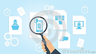 Smartphone, card, password file, document research vector illustration. Document with search icons. File and magnifying glass. Cartoon Illustration