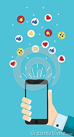 Smartphone in cartoon hand with thumb up, like, heart sign Vector Illustration