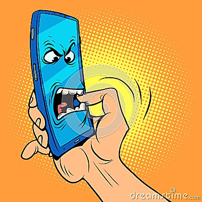 The smartphone character bites his hand. Dangerous mobile phones, information security and online addiction Vector Illustration
