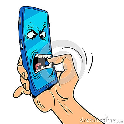 The smartphone character bites his hand. Dangerous mobile phones, information security and online addiction Vector Illustration