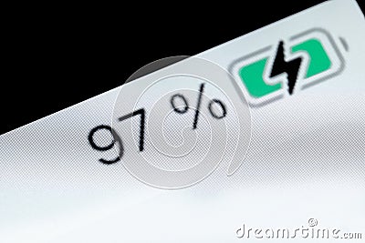 Smartphone charged battery level indicator - 97 percent: close up macro Stock Photo