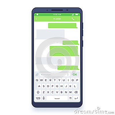 Smartphone chat. Dialogues bubbles on mobile device screen with keyboard, sending private message clouds chatting app Vector Illustration