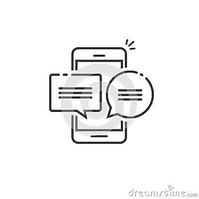 Smartphone chat message notifications icon vector illustration isolated, line outline art mobile phone, chatting bubble Vector Illustration