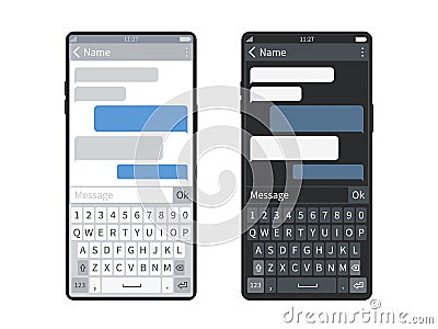 Smartphone chat. Screen mobile device keyboard with messaging app, bubbles or message clouds, chatbot sending sms Vector Illustration