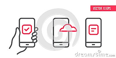 Smartphone with check mark on screen, cloud hosting icon, checklist clipboard icon. line icons. hand holding a mobile Vector Illustration