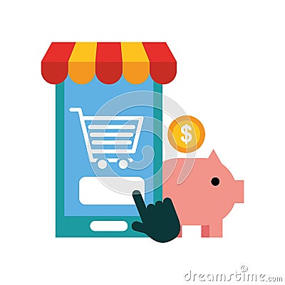 Smartphone click piggy bank online shopping Vector Illustration