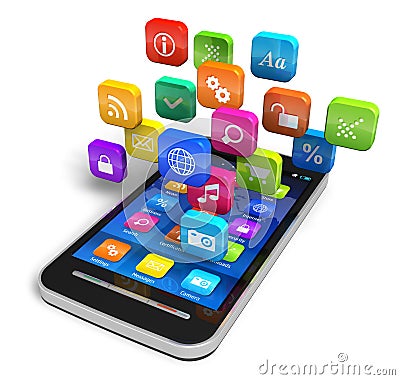 Smartphone with cloud of application icons Stock Photo