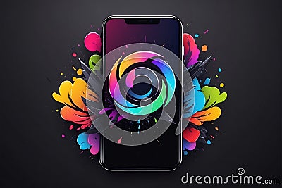 Smartphone with colorful abstract design on black background Stock Photo