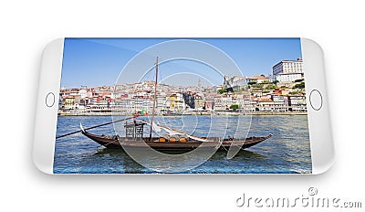 Smartphone concept with 3D render of a typical portuguese boats used in the past to transport the famous port wine Portugal Stock Photo