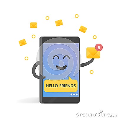 Smartphone concept of sending and receiving online messages. Cute Cartoon character phone with hands, eyes and smile Stock Photo