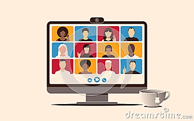 Conference video call for remote work or webinar from home or anywhere concept. Online meeting multicultural international team Vector Illustration