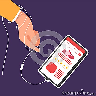 Smartphone connected with earphone. Shopping online screen on cellphone. Vector Illustration