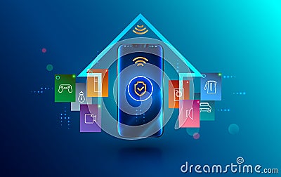 Smartphone connected with smart home via protected wireless connection. Shield symbol security of iot or internet of things on Vector Illustration
