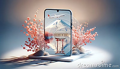 Smartphone with 3D Mount Fuji, Lake, and Torii Gate Display Stock Photo