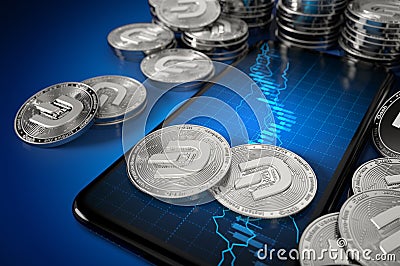 Smartphone with Dash coin trading chart on-screen among piles of silver Dash coins with 2019 update logo. 3D rendering Stock Photo
